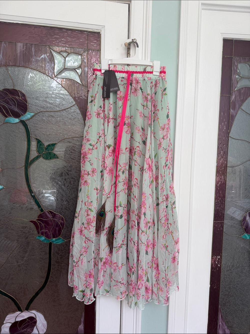 Mint Floral Maxi Skirt with Pink Accents